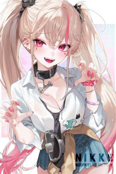 1girl :d absurdres bear_trap black_collar black_necktie blonde_hair blue_skirt breasts brown_cardigan cardigan cardigan_around_waist cleavage clothes_around_waist collar collared_shirt commentary_request goddess_of_victory:_nikke gradient_hair highres jackal_(class_troublemaker)_(nikke) jackal_(nikke) long_hair medium_breasts multicolored_hair nail_polish necktie nitrochang official_alternate_costume open_mouth pink_hair pink_nails school_uniform shirt skirt smile solo streaked_hair teeth twintails white_shirt