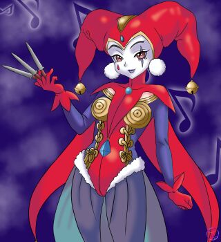 1girl absurdres bodysuit chrono_cross clown dagger earrings facepaint facial_mark gloves harem_pants harle_(chrono_cross) harlequin hat hat_bell highres holding holding_dagger holding_knife holding_weapon jester jester_cap jewelry knife leotard metal_bra nekomoni pants pom_pom_(clothes) pom_pom_earrings red_gloves red_leotard see-through_clothes see-through_pants teardrop_facial_mark weapon