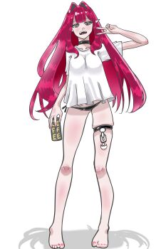 absurdres baobhan_sith_(fate) black_panties breasts coffee commentary english_commentary fate/grand_order fate_(series) grey_eyes highres long_hair notlocalshut open_mouth panties red_hair shirt thigh_strap underwear v white_shirt