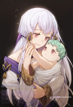 1girl 1other baby carrying carrying_baby carrying_person closed_mouth commentary commission dress english_commentary fire_emblem fire_emblem:_three_houses green_hair highres if_they_mated long_hair long_sleeves looking_at_another lysithea_von_ordelia lysithea_von_ordelia_(timeskip) male_byleth_(awakened)_(fire_emblem) male_byleth_(fire_emblem) mother_and_child nintendo pink_eyes smile velahka watermark white_hair