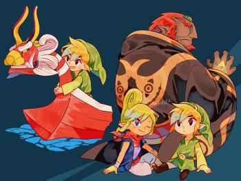 1girl 2boys :d ;) beard black_coat black_eyes blonde_hair blue_background boat brown_shoes closed_mouth coat facial_hair ganondorf green_hat green_tunic hair_between_eyes hat highres link multiple_boys nintendo one_eye_closed open_mouth pointy_ears red_eyes red_hair shoes sitting smile tetra the_king_of_red_lions the_legend_of_zelda the_legend_of_zelda:_the_wind_waker tokuura toon_link triforce tunic twitter_username watercraft