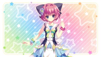1girl blue_background blue_dress blue_eyes blue_skirt blue_wrist_cuffs bow breasts brooch collarbone cowboy_shot dot_nose dress film_grain game_cg gradient_background green_background green_bow hair_bow hair_intakes hair_ornament hand_up hiiragi_kae izumi_tsubasu jewelry large_bow layered_skirt non-web_source official_art pink_hair pink_scrunchie print_scrunchie purple_background purple_bow re:stage! sailor_collar scrunchie short_hair single_wrist_cuff skirt small_breasts solo star_(symbol) star_brooch star_print star_symbol_background straight-on striped_clothes striped_scrunchie striped_skirt vertical-striped_clothes vertical-striped_skirt white_sailor_collar white_skirt wrist_cuffs