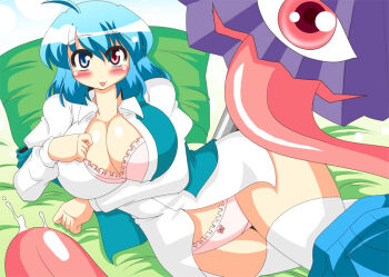 Rule 34 | 1girl, ahoge, akasode (tyaramu), bed, blush, bow, bow panties, bra, breasts, cleavage, clothes pull, curvy, female focus, heterochromia, huge breasts, karakasa obake, large breasts, lingerie, long neck, looking at viewer, lying, on bed, on side, open clothes, open shirt, panties, pantyshot, pillow, pink bra, pink panties, saliva, shirt, skirt, skirt pull, solo, tatara kogasa, thick thighs, thighhighs, thighs, tongue, touhou, umbrella, underwear, upskirt, white thighhighs, wide hips