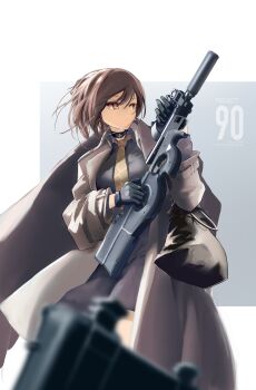 1girl absurdres b-luck_coffee black_bag black_choker black_gloves black_shirt blurry brown_coat brown_eyes brown_hair brown_necktie choker closed_mouth coat commentary_request commission depth_of_field english_text girls'_frontline gloves grey_background gun highres holding holding_gun holding_weapon necktie official_alternate_costume p90_(girls'_frontline) p90_(the_girl_from_b.e.l)_(girls'_frontline) shirt short_hair skeb_commission solo two-tone_background weapon weapon_name white_background