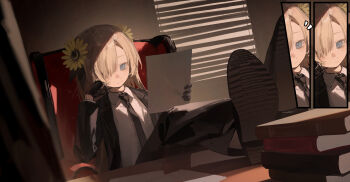 1girl absurdres black_gloves black_pants black_shoes blonde_hair blue_eyes book book_stack business_suit collared_shirt couch crossed_legs feet_on_table flower formal_clothes gloves hair_flower hair_ornament hair_over_one_eye hashtag-only_commentary head_rest highres holding holding_paper indoors isekaijoucho jacket kamitsubaki_studio lapels looking_at_viewer multiple_expressions on_couch one_eye_covered oxfords pants paper reclining shirt shoes solo suit suit_jacket sunflower sunflower_hair_ornament sunjinghan0801_(mokacoat) virtual_youtuber white_shirt window_blinds