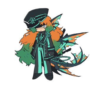 1girl aqua_necktie aqua_pants aqua_trim back_fin black_hat black_jacket black_vest blind_obsession_(e.g.o) commentary e.g.o_(project_moon) english_commentary fins fish_tail fluorescent_lamp freckles full_body gradient_hair green_hair grey_eyes hat head_fins highres ishmael_(project_moon) jacket kgdjeisk limbus_company long_hair military_hat military_uniform multicolored_hair necktie orange_hair pants project_moon solo tail very_long_hair vest