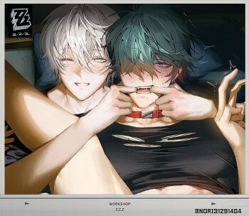 2boys arm_up belt_collar bent_v black_shirt blush clothes_lift collar collarbone commentary_request crew_neck crossed_bangs drooling finger_in_another&#039;s_mouth green_eyes green_hair grin hair_between_eyes implied_penetration leg_up lighter_(zenless_zone_zero) male_focus motion_lines multiple_boys open_mouth pillow red_collar rolling_eyes runa_(nori31291404) saliva shirt shirt_lift smile sweat teeth torn_clothes torn_shirt trembling twitter_username upper_body v white_hair wise_(zenless_zone_zero) yaoi zenless_zone_zero