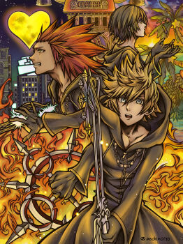 Rule 34 | 1girl, 2boys, absurdres, aechin0130, axel (kingdom hearts), black gloves, black hair, black robe, blonde hair, blue eyes, breasts, city, clenched teeth, clock, clock tower, commentary, cow, fire, furrowed brow, gloves, green eyes, hair between eyes, hair slicked back, highres, holding, holding shuriken, holding weapon, hood, hood down, hooded robe, keyblade, kingdom hearts, kingdom hearts 358/2 days, long hair, multiple boys, open mouth, paopu fruit, red hair, robe, roxas, short hair, shuriken, sideboob, spiked hair, teeth, tower, twitter username, weapon, xion (kingdom hearts)