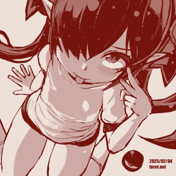 1girl ;p arm_support backbeako_(torotei) backbeard blush breasts buruma commentary dated dated_commentary foot_out_of_frame from_above gegege_no_kitarou gym_shirt gym_uniform hair_over_one_eye hair_ribbon long_hair looking_at_viewer looking_up monochrome one_eye_closed original paid_reward_available pointy_ears ribbon shirt short_sleeves simple_background sitting small_breasts smile socks solo tongue tongue_out torotei twintails v v_over_eye very_long_hair wariza watermark web_address white_background