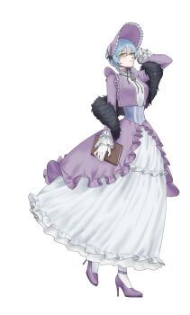 1girl angela_(project_moon) aristocratic_clothes arm_up blue_corset blue_hair bonnet brooch carmenfollower corset dress expressionless feather_boa frilled_dress frilled_sleeves frills full_body high_heels highres jewelry library_of_ruina long_sleeves looking_at_viewer pantyhose project_moon purple_bonnet purple_dress purple_shoes shoes short_hair simple_background solo victorian white_background white_dress white_pantyhose yellow_eyes