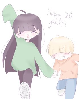 1boy 1girl animification black_hair blonde_hair blunt_bangs child closed_eyes codename:_kids_next_door green_sweater highres hood long_hair long_sleeves looking_at_viewer mewfi numbuh_3 numbuh_4 open_mouth sleeves_past_wrists smile straight_hair sweater