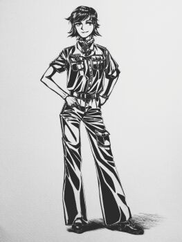 1girl absurdres bad_tag boots bordfunker133 breasts cargo_pants commentary cougar_pattern cougar_pattern_foulard english_commentary foulard full_body genderswap genderswap_(mtf) greyscale grin hands_on_own_hips hans-joachim_marseille highres looking_at_viewer luftwaffe marseille-chan_(bordfunker133) medium_hair military monochrome nazi original pants real_life reichsadler short_sleeves simple_background small_breasts smile soldier solo watch world_war_ii wristwatch