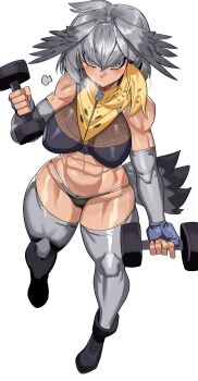 1girl abs absurdres black_panties black_shoes breasts closed_mouth commission crop_top dumbbell exercising eyebrows_hidden_by_hair feather_hair from_above full_body gamjasssak grey_thighhighs highres holding holding_dumbbell kemono_friends large_breasts looking_at_viewer looking_up muscular muscular_female navel panties pixiv_commission shoebill_(ex)_(kemono_friends) shoebill_(kemono_friends) shoes short_hair simple_background solo stomach sweat thighhighs underwear white_background