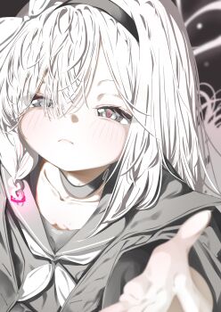 1girl absurdres black_choker black_hairband black_sailor_collar black_shirt blue_archive bow choker closed_mouth collarbone commentary english_commentary frown grey_eyes hair_bow hairband highres hug_invitation long_hair long_sleeves looking_at_viewer neckerchief parted_bangs plana_(blue_archive) sailor_collar sailor_shirt school_uniform sharp_to_sharp shirt solo upper_body white_bow white_hair white_neckerchief