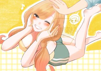 1girl absurdres blonde_hair blush breasts cleavage collarbone commentary_request eyelashes feet_up gojou_wakana grey_shorts grin hands_on_own_face headpat highres kitagawa_marin long_hair lying musical_note on_stomach one_eye_closed outline shirt shorts smile solo_focus sono_bisque_doll_wa_koi_wo_suru spoken_character syuttyou_shinta teeth twintails watermark white_outline yellow_shirt