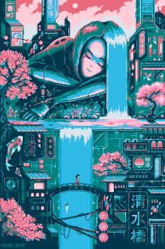 animated animated_gif artist_name bridge cherry_blossoms cityscape closed_eyes commentary english_commentary fish giant giantess highres koi lake liquid_hair looping_animation mechanical_arms original pixel_art pixel_jeff tree water waterfall
