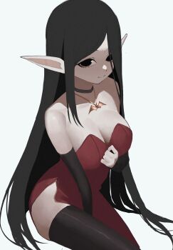 Rule 34 | 1girl, absurdres, anemoneeanemone, bare shoulders, bat necklace, between legs, black choker, black eyes, black hair, black thighhighs, borrowed character, breasts, choker, detached sleeves, dress, hand between legs, hand on own chest, highres, jewelry, large breasts, licorice (justadrian), long hair, long pointy ears, long sleeves, looking at viewer, necklace, no pupils, original, pale skin, pointy ears, red dress, side slit, simple background, smile, solo, strapless, strapless dress, thighhighs, very long hair, white background