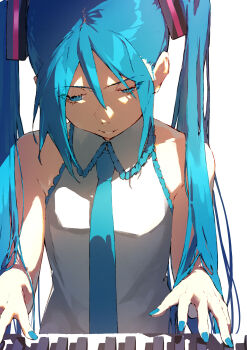 1girl absurdres bare_shoulders black_hair blue_eyes blue_nails blue_necktie collar commentary_request frills hair_ornament hatsune_miku highres instrument looking_down nail_polish necktie piano shiloroshi simple_background sleeveless twintails vocaloid