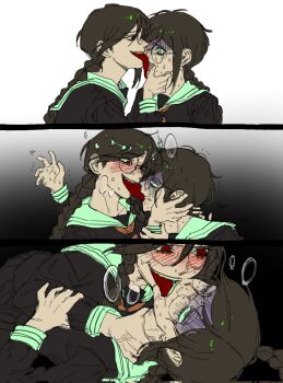 2girls black_background black_hair black_serafuku blush braid brown_hair corrupted_twitter_file crazy_smile crying crying_with_eyes_open danganronpa:_trigger_happy_havoc danganronpa_(series) dual_persona finger_in_another's_mouth forced_kiss french_kiss fukawa_toko genocider_shou glasses gradient_background green_sailor_collar hamuseutta hand_on_another's_arm heavy_breathing highres kiss licking licking_another's_face long_hair long_sleeves long_tongue low_twin_braids mole mole_under_mouth multiple_girls multiple_views nervous_sweating nose_blush open_mouth red_eyes rolling_eyes round_eyewear sailor_collar scared school_uniform selfcest sequential serafuku smile strangling sweat tears tongue turn_pale twin_braids very_sweaty white_background yellow_eyes yuri