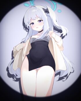 1girl absurdres alternate_costume black_camisole black_choker black_dress black_eyes black_ribbon blue_archive blue_halo blush brown_jacket camisole choker cosplay diamond_necklace dress from_below hair_between_eyes halo highres jacket jacket_partially_removed kayoko_(blue_archive) kayoko_(blue_archive)_(cosplay) kayoko_(dress)_(blue_archive) long_hair long_sleeves meliach miyako_(blue_archive) one_side_up open_clothes open_jacket panties pantyshot ribbon side_slit sidelocks solo studded_choker underwear vignetting white_hair white_panties