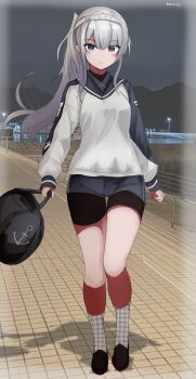 1girl alternate_costume bag bike_shorts bike_shorts_under_shorts black_shoes checkered_clothes checkered_legwear commentary_request full_body fuyutsuki_(kancolle) grey_eyes grey_hair grey_shorts highres kantai_collection long_hair miron_(mirona33) one_side_up shirt shoes shorts solo unmoving_pattern white_shirt