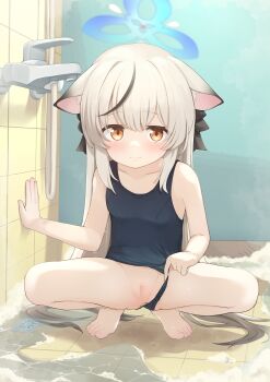 1girl absurdres animal_ears barefoot bathroom black_hair blue_archive blue_halo blue_one-piece_swimsuit breasts censored closed_mouth clothing_aside commentary_request halo highres kokona_(blue_archive) loli long_hair mosaic_censoring multicolored_hair one-piece_swimsuit pussy school_swimsuit senifu small_breasts solo squatting streaked_hair swimsuit tiger_ears tile_wall tiles