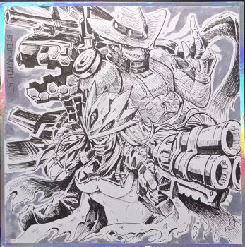 beelstarmon belt breasts ccccockroach cowboy_hat digimon digimon_(creature) dragon gun gundramon handgun hat long_hair magnakidmon mask revolver rifling robot third_eye underboob weapon