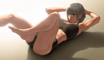 1girl :o abs bare_legs barefoot blue_bow bow braid breasts crunch_(exercise) exercising feet female_focus grey_hair hair_bow hololive infi large_breasts lying muscular muscular_female on_back open_mouth shadow shirogane_noel sit-up solo sports_bra thighs toes toned virtual_youtuber workout_clothes