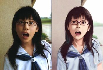 1girl asian comparison derivative_work female_focus glasses long_hair necktie open_mouth photo_(medium) photo_inset realistic reference reference_inset reference_photo reference_work school_uniform serafuku