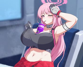 1girl absurdres arm_up armband armpits bare_shoulders black_bodysuit black_gloves black_sports_bra blue_archive blush bodysuit breasts bubble_tea_challenge can chair cleavage collarbone commentary cowboy_shot drink_can drinking_straw drinking_straw_in_mouth eimi_(battlesuit)_(blue_archive) eimi_(blue_archive) english_commentary gloves groin hair_between_eyes halo highres huge_breasts indoors long_hair looking_at_viewer midriff navel nightingery official_alternate_costume on_chair pink_eyes pink_hair pink_halo sidelocks sitting solo sports_bra steaming_body