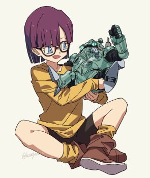 1girl 1other aqua_eyes bike_shorts black_shorts blue_eyes blunt_bangs blunt_ends boots brown_footwear chrono_trigger cross-shaped_pupils full_body glasses hosodayo indian_style long_sleeves looking_at_another lucca_ashtear open_mouth purple_hair robo_(chrono_trigger) robot shirt short_hair shorts sitting smile socks symbol-shaped_pupils twitter_username yellow_shirt yellow_socks
