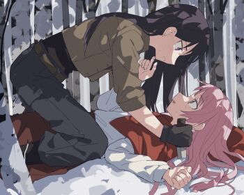 Rule 34 | 2girls, bang dream!, bang dream! it's mygo!!!!!, black gloves, black hair, blush, brown jacket, chihaya anon, chinese commentary, coldcat., commentary request, commission, dress, gloves, grey eyes, grey pants, hand on another's chin, highres, holding, holding knife, jacket, knife, long hair, lying, multiple girls, on back, open mouth, pants, pink hair, purple eyes, red scarf, scarf, second-party source, shiina taki, shirt, snow, straddling, white shirt, yuri