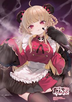 1girl absurdres ahoge animal_hands apron blonde_hair braid braided_hair_rings bun_cover character_request chinese_clothes commission copyright_request dancho_(dancyo) double_bun dress gloves hair_bun hair_rings highres long_hair looking_at_viewer maid paw_gloves qi_maid red_eyes sitting skeb_commission sleeves_past_fingers sleeves_past_wrists smile smoke smoking smoking_pipe solo thighhighs virtual_youtuber zettai_ryouiki