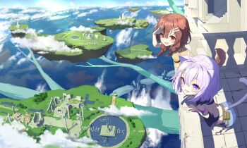 2girls alternate_costume animal_ears blue_sky brown_hair cat_ears cat_girl cat_tail cloud cloudy_sky commentary_request day dog_ears dog_girl dog_tail fantasy floating_island hand_up hololive inugami_korone looking_at_viewer multiple_girls nekomata_okayu nokisaki_nibosi open_mouth outdoors partial_commentary purple_eyes purple_hair red_eyes sky smile standing tail virtual_youtuber wide_shot