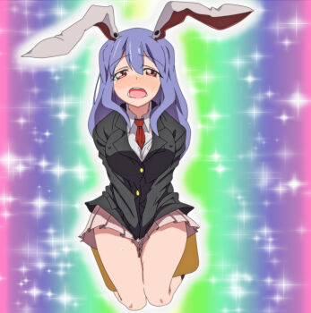 Rule 34 | 1girl, animal ears, between legs, blazer, blush, bondance012, breasts, collared shirt, covered erect nipples, embarrassed, female focus, full body, hand between legs, heaven condition, highres, jacket, kneeling, large breasts, light purple hair, long hair, looking at viewer, necktie, open mouth, own hands together, pleated skirt, rabbit ears, rainbow background, red eyes, red necktie, reisen udongein inaba, shirt, skirt, solo, sparkle, tareme, touhou, wavy mouth