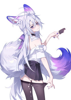 Rule 34 | 1girl, absurdres, animal ear fluff, animal ears, black pantyhose, black skirt, blush, bow, breasts, closed mouth, clothes pull, commentary request, covered erect nipples, cum, cum in pussy, cum on legwear, cumdrip, extra ears, fingernails, food, fox ears, fox girl, fox tail, from behind, grey hair, hair between eyes, hair bow, hair intakes, highres, holding, holding food, holding popsicle, large breasts, large tail, long hair, looking at viewer, looking back, luo shun yao, meng xi xuan, nail polish, no bra, no panties, off shoulder, original, pantyhose, pantyhose pull, popsicle, purple bow, purple eyes, purple nails, pussy, see-through clothes, see-through skirt, shirt, shirt tucked in, sidelocks, simple background, skirt, smile, solo, tail, white background, white shirt