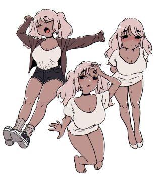 1girl breasts cleavage closed_eyes dark_skin jacket large_breasts multiple_persona multiple_views open_mouth original royal_tea shoes shorts simple_background sneakers twintails white_background