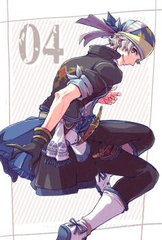 1boy arm_up ayana_(iqaw5cfohvdtver) black_gloves black_jacket black_pants boots border brown_eyes closed_mouth dagger final_fantasy final_fantasy_vi gloves grey_hair grey_ribbon headscarf highres jacket knife locke_cole looking_at_viewer male_focus pants parted_bangs sash short_hair single_glove smile solo waist_sash weapon white_boots white_border