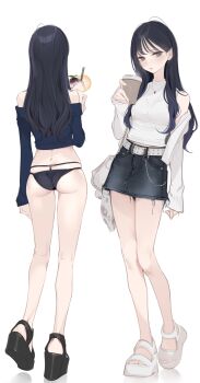 1girl ama_mitsuki ass bag belt black_hair black_sandals black_skirt commentary_request cup disposable_cup drink drinking_straw food fruit full_body highres holding holding_cup holding_drink knees legs long_hair multiple_views orange_(fruit) orange_slice original sandals shaved_ice shoulder_bag skirt sleeveless sleeveless_sweater standing sweater thighs turtleneck turtleneck_sweater white_belt white_sandals white_sweater