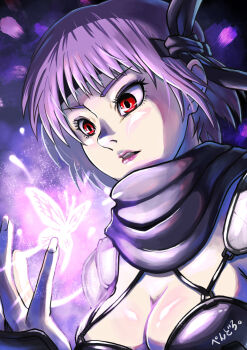 1girl artist_name ayane_(doa) black_headband black_scarf bob_cut breasts bug butterfly cleavage commentary_request cropped_shoulders dead_or_alive glowing_butterfly headband highres insect large_breasts ninja_gaiden parted_lips pendoro. pink_lips purple_hair red_eyes scarf short_hair solo surprised tsurime upper_body v-shaped_eyebrows wispy_bangs