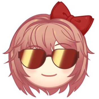 Rule 34 | 1girl, artist request, bow, chibi, chibi only, doki doki literature club, double-parted bangs, emoji, facing viewer, hair bow, lowres, messy hair, official art, pink hair, portrait, sayori (doki doki literature club), short hair, smirk, solo, sunglasses