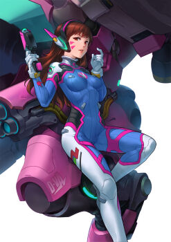 Rule 34 | 1girl, bodysuit, breasts, brown eyes, brown hair, d.va (overwatch), facepaint, facial mark, female focus, gloves, gun, handgun, headphones, highres, long hair, looking at viewer, mecha, mecha pilot suit, medium breasts, meka (overwatch), overwatch, overwatch 1, patipat asavasena, robot, solo, swept bangs, weapon, whisker markings, white background