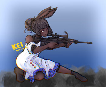 Rule 34 | 1girl, absurdres, alternate weapon, animal ears, anti-materiel rifle, black boots, black hair, blue eyes, blue ribbon, boots, celesionnn, commentary, dark-skinned female, dark skin, dress, english commentary, frilled dress, frills, full body, gepard gm6 lynx, gun, hair bun, hair ribbon, highres, holding, holding gun, holding weapon, looking afar, off-shoulder dress, off shoulder, rabbit and steel, rabbit ears, rabbit girl, ribbon, rifle, short hair, single hair bun, sniper rabbit, sniper rifle, solo, very dark skin, weapon, white dress, witness holes