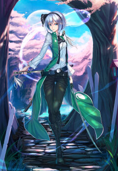 1girl adapted_costume aged_up ascot belt blouse blue_eyes blue_sky bob_cut boots cherry_blossoms cobblestone collared_shirt dappled_sunlight day dual_wielding female_focus flower forest full_body full_moon grass hairband highres hitodama holding holding_sword holding_weapon katana knee_boots konpaku_youmu konpaku_youmu_(ghost) lace-up_boots lantern long_sleeves looking_at_viewer moon nature nian_(zhanian) outdoors pants path pond road scabbard sheath shirt short_hair silver_hair sky solo standing sunlight sword tassel thigh_gap touhou tsurime unsheathing vest walking weapon white_shirt wooden_lantern