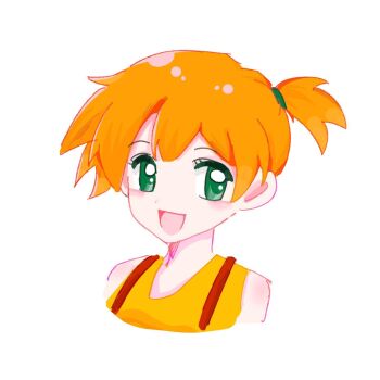 1girl :d bare_shoulders blush child eyelashes green_eyes hair_tie happy looking_at_viewer misty_(pokemon) nintendo open_mouth orange_hair pokemon pokemon_(anime) pokemon_(classic_anime) pokemon_rgby ponytail shirt short_hair side_ponytail simple_background sleeveless sleeveless_shirt smile solo suspenders upper_body white_background yellow_shirt