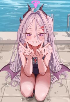 1girl ahoge bare_arms bare_legs bare_shoulders black_horns black_slippers blue_archive blue_one-piece_swimsuit blush covered_navel demon_girl demon_horns demon_wings dot_nose double_v fingernails grin hair_between_eyes hair_ornament hair_over_shoulder hairclip halo hands_up highres hina_(blue_archive) hina_(swimsuit)_(blue_archive) horns loli long_eyelashes long_hair looking_at_viewer low_wings masute multiple_horns name_tag old_school_swimsuit one-piece_swimsuit open_mouth parted_bangs pool pool_ladder poolside purple_eyes revision school_swimsuit side_ponytail slippers smile solo squatting swimsuit teeth thighs v very_long_hair wet whistle whistle_around_neck white_hair wings