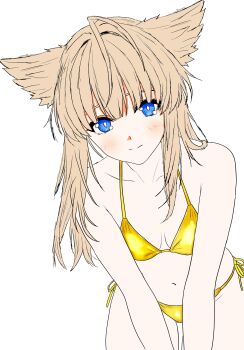 Rule 34 | 1girl, absurdres, alternate costume, arknights, arknights: endfield, bikini, blonde hair, blue eyes, blush, breasts, bright pupils, closed mouth, commentary request, cowboy shot, gold bikini, highres, leaning forward, long hair, looking at viewer, medium breasts, partial commentary, perlica (arknights), sgt syunkai, side-tie bikini bottom, simple background, smile, solo, split mouth, standing, swimsuit, unfinished, white background, white pupils, yellow bikini