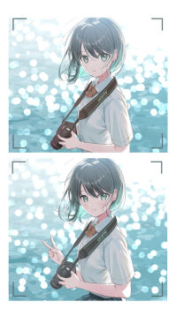 1girl aqua_hair black_hair blurry blush bokeh border bow bowtie brand_name_imitation camera camera_around_neck collared_shirt commentary_request depth_of_field ear_piercing earrings gradient_hair highres holding holding_camera jewelry light_blush looking_at_viewer multicolored_hair multiple_views original piercing red_bow red_bowtie sequential shirt short_hair short_sleeves two-tone_hair v viewfinder water white_border white_shirt yukimaru_nun