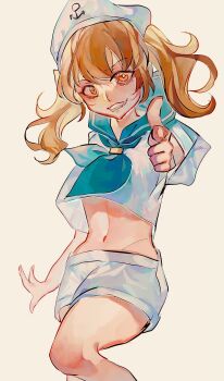 1girl anchor_symbol blue_necktie blue_sailor_collar brown_eyes brown_hair commentary_request cowboy_shot grin hat highres kitashirakawa_chiyuri long_hair looking_at_viewer midriff mirei_9999 navel necktie sailor_collar sailor_hat shinjitsu_no_kuchi shirt shorts simple_background smile solo touhou touhou_(pc-98) twintails white_background white_hat white_shirt white_shorts