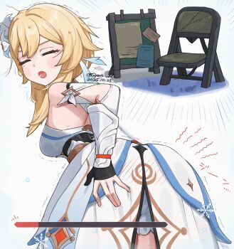 1girl ass blonde_hair blush_stickers breasts chair closed_eyes detached_sleeves dress gameplay_mechanics genshin_impact health_bar lumine_(genshin_impact) medium_breasts message_board pain q_(oshikuraq) short_hair_with_long_locks shorts shorts_under_dress solo white_dress white_shorts